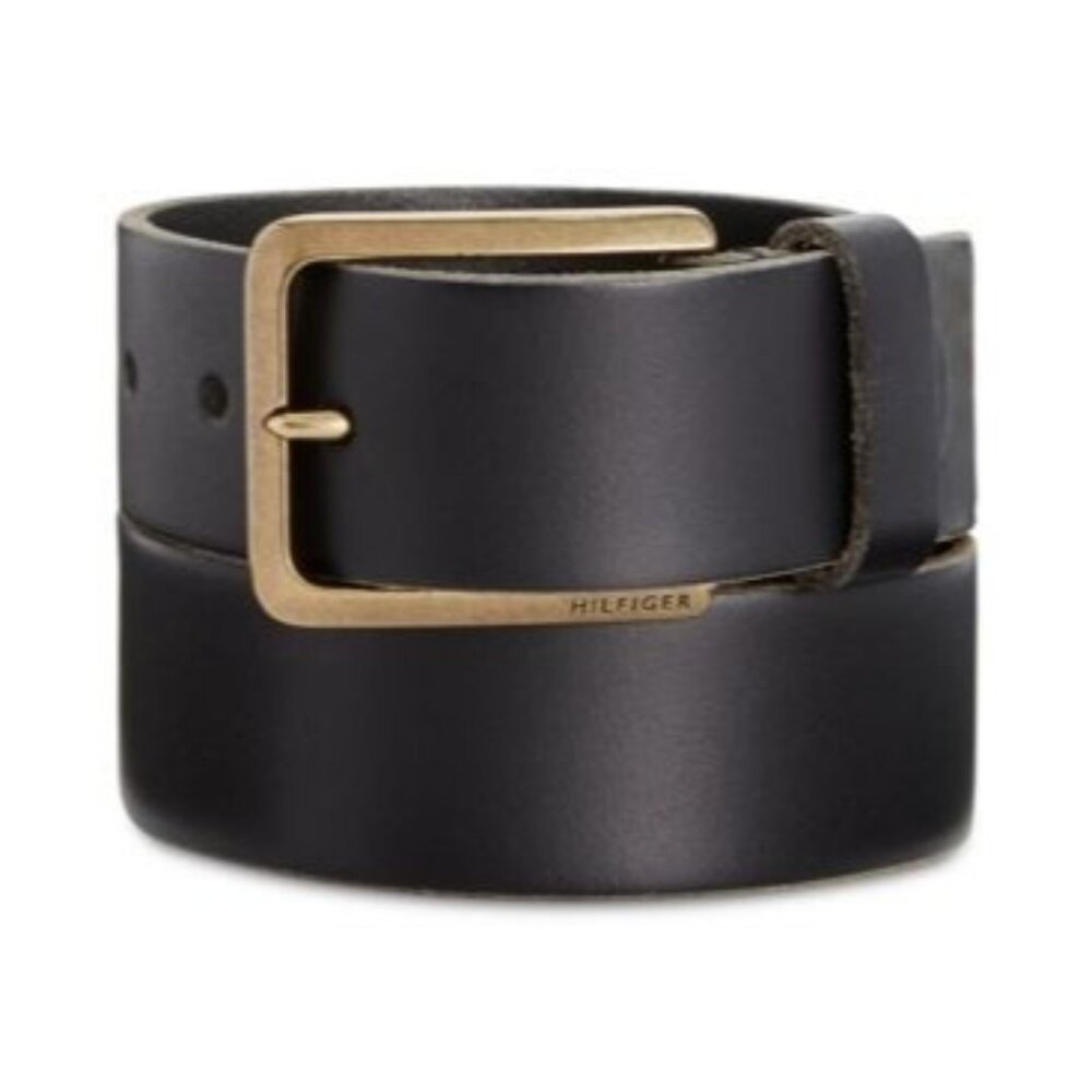 Tommy Hilfiger Men's Heavy Brass Buckle Leather Belt - Black‎
